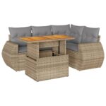 5-Piece Garden Sofa Set with Cushions Beige Poly Rattan Wicker Outdoor Patio Furniture