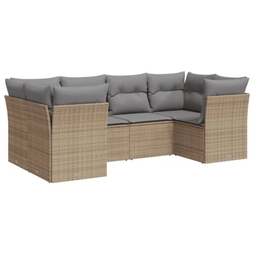6-Piece Garden Sofa Set with Cushions Beige Poly Rattan Wicker Outdoor Patio Furniture - Image 5