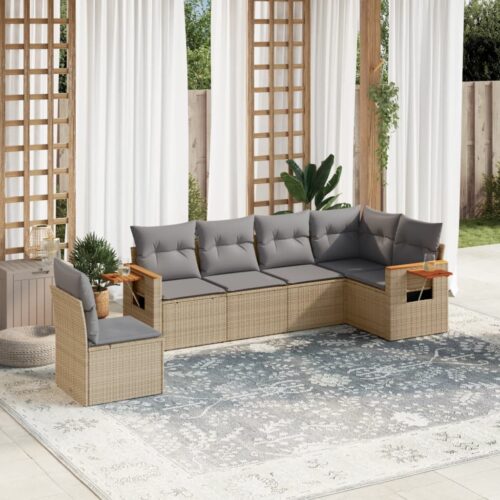 6-Piece Garden Sofa Set with Cushions Beige Poly Rattan Wicker Outdoor Patio Furniture - Image 2