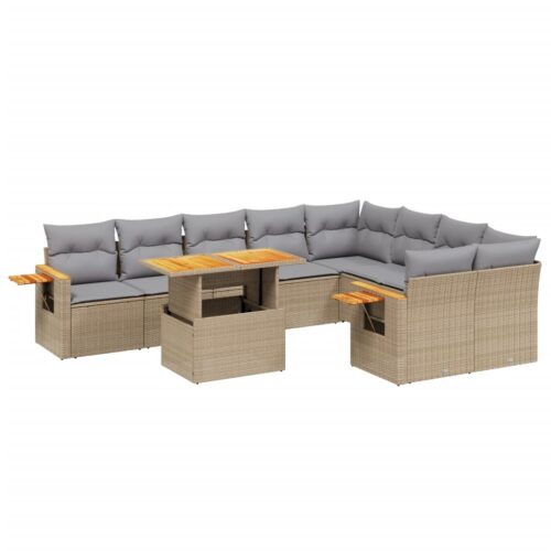 10-Piece Garden Sofa Set with Cushions Beige Poly Rattan Wicker Outdoor Patio Furniture