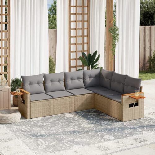 6-Piece Garden Sofa Set with Cushions Beige Poly Rattan Wicker Outdoor Patio Furniture - Image 2