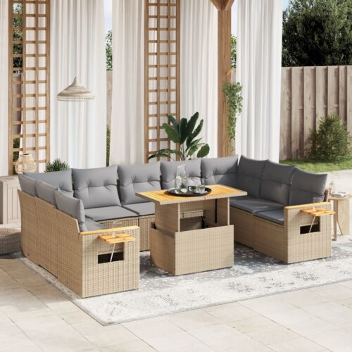 10-Piece Garden Sofa Set with Cushions Beige Poly Rattan Wicker Outdoor Patio Furniture - Image 2