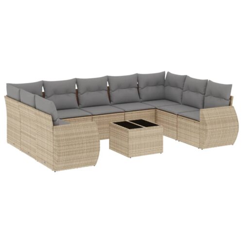 10-Piece Garden Sofa Set with Cushions Beige Poly Rattan Wicker Outdoor Patio Furniture