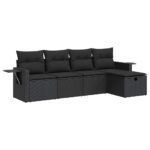 5-Piece Garden Sofa Set with Cushions Black Poly Rattan Wicker Outdoor Patio Furniture