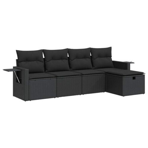 5-Piece Garden Sofa Set with Cushions Black Poly Rattan Wicker Outdoor Patio Furniture