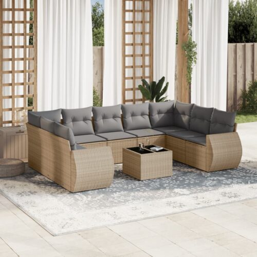 10-Piece Garden Sofa Set with Cushions Beige Poly Rattan Wicker Outdoor Patio Furniture - Image 2