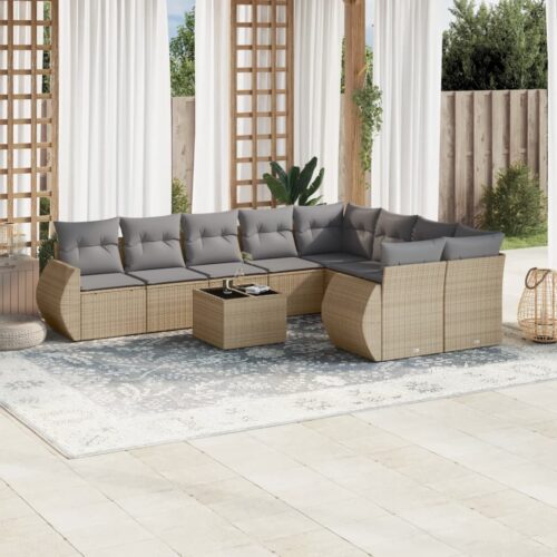 10-Piece Garden Sofa Set with Cushions Beige Poly Rattan Wicker Outdoor Patio Furniture - Image 2