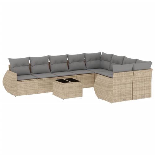10-Piece Garden Sofa Set with Cushions Beige Poly Rattan Wicker Outdoor Patio Furniture - Image 5
