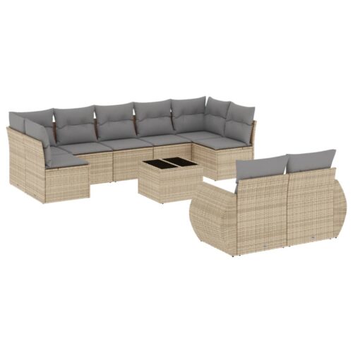 10-Piece Garden Sofa Set with Cushions Beige Poly Rattan Wicker Outdoor Patio Furniture