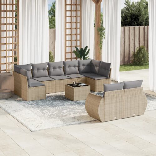 10-Piece Garden Sofa Set with Cushions Beige Poly Rattan Wicker Outdoor Patio Furniture - Image 2