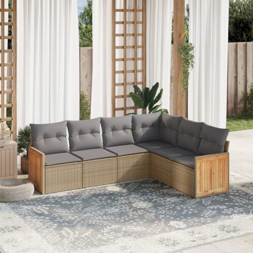 6-Piece Garden Sofa Set with Cushions Beige Poly Rattan Wicker Outdoor Patio Furniture - Image 2