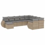 10-Piece Garden Sofa Set with Cushions Beige Poly Rattan Wicker Outdoor Patio Furniture