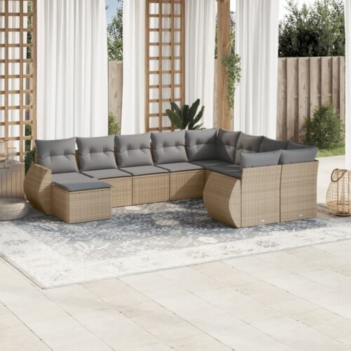 10-Piece Garden Sofa Set with Cushions Beige Poly Rattan Wicker Outdoor Patio Furniture - Image 2