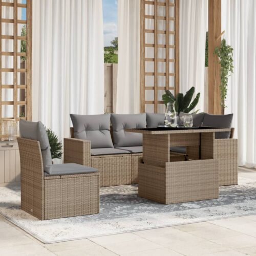 6-Piece Garden Sofa Set with Cushions Beige Poly Rattan Wicker Outdoor Patio Furniture - Image 2