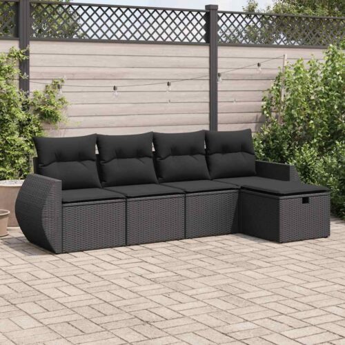 5-Piece Garden Sofa Set with Cushions Black Poly Rattan Wicker Outdoor Patio Furniture - Image 2