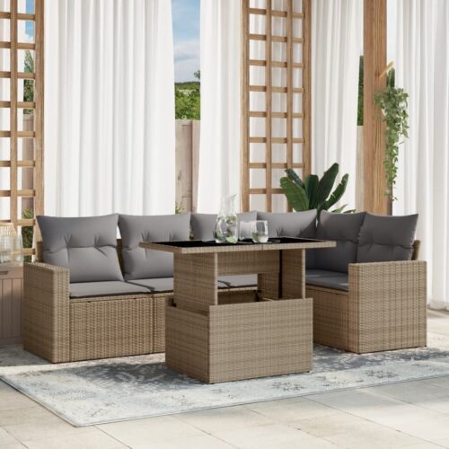 6-Piece Garden Sofa Set with Cushions Beige Poly Rattan Wicker Outdoor Patio Furniture - Image 2
