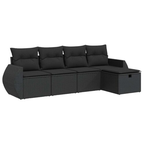5-Piece Garden Sofa Set with Cushions Black Poly Rattan Wicker Outdoor Patio Furniture - Image 13