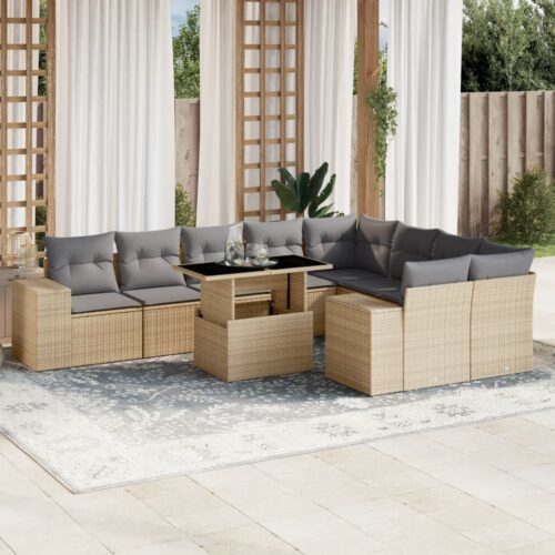 10-Piece Garden Sofa Set with Cushions Beige Poly Rattan Wicker Outdoor Patio Furniture - Image 2