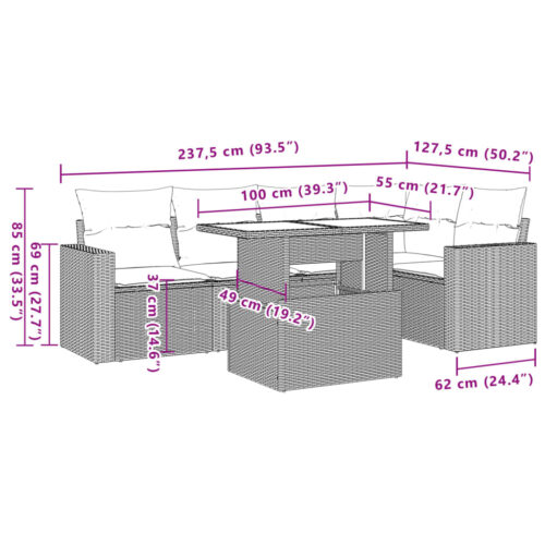6-Piece Garden Sofa Set with Cushions Beige Poly Rattan Wicker Outdoor Patio Furniture - Image 10