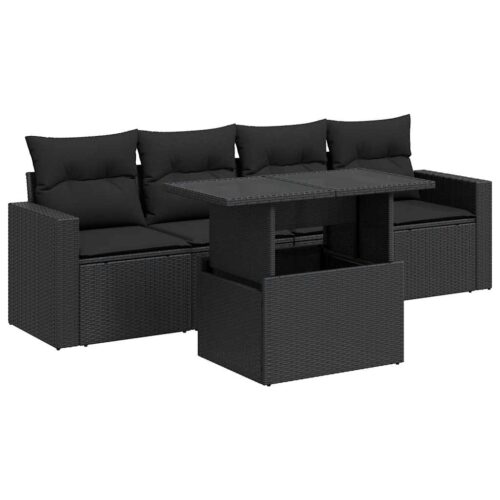 5-Piece Garden Sofa Set with Cushions Black Poly Rattan Wicker Outdoor Patio Furniture