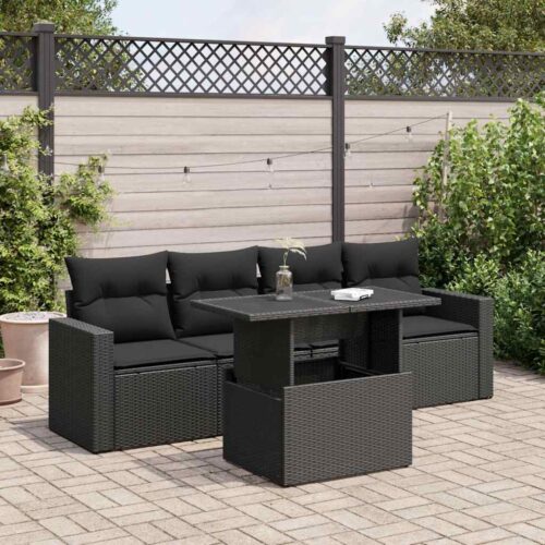 5-Piece Garden Sofa Set with Cushions Black Poly Rattan Wicker Outdoor Patio Furniture - Image 2
