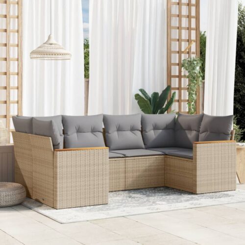 6-Piece Garden Sofa Set with Cushions Beige Poly Rattan Wicker Outdoor Patio Furniture - Image 2