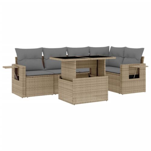 6-Piece Garden Sofa Set with Cushions Beige Poly Rattan Wicker Outdoor Patio Furniture