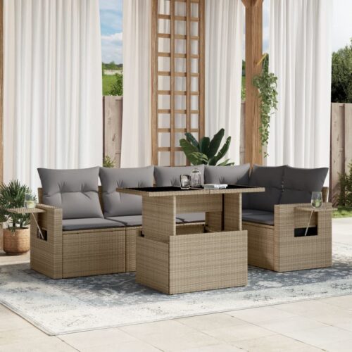 6-Piece Garden Sofa Set with Cushions Beige Poly Rattan Wicker Outdoor Patio Furniture - Image 2