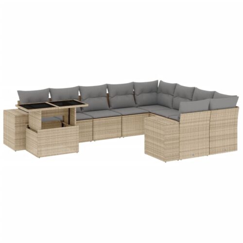10-Piece Garden Sofa Set with Cushions Beige Poly Rattan Wicker Outdoor Patio Furniture