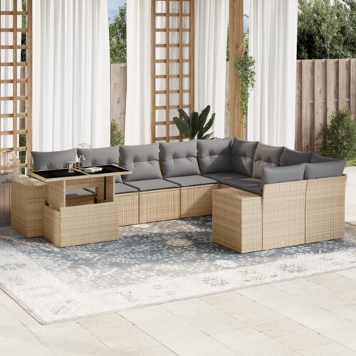 10-Piece Garden Sofa Set with Cushions Beige Poly Rattan Wicker Outdoor Patio Furniture - Image 2