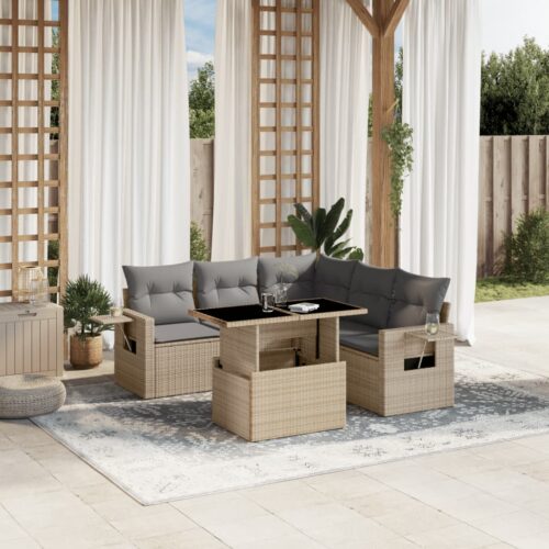 6-Piece Garden Sofa Set with Cushions Beige Poly Rattan Wicker Outdoor Patio Furniture - Image 2
