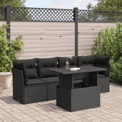 5-Piece Garden Sofa Set with Cushions Black Poly Rattan Wicker Outdoor Patio Furniture - Image 2