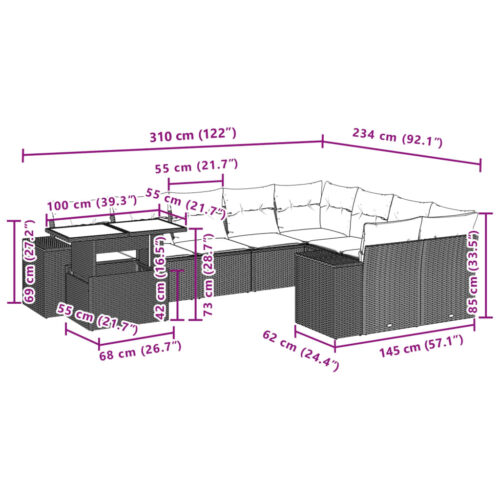 10-Piece Garden Sofa Set with Cushions Beige Poly Rattan Wicker Outdoor Patio Furniture - Image 10
