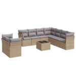10-Piece Garden Sofa Set with Cushions Beige Poly Rattan Wicker Outdoor Patio Furniture