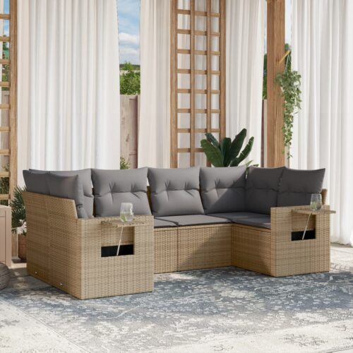 6-Piece Garden Sofa Set with Cushions Beige Poly Rattan Wicker Outdoor Patio Furniture - Image 2