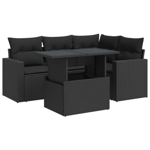 5-Piece Garden Sofa Set with Cushions Black Poly Rattan Wicker Outdoor Patio Furniture