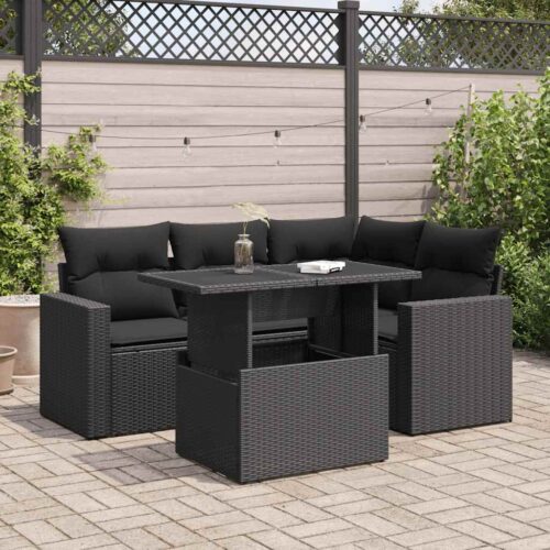 5-Piece Garden Sofa Set with Cushions Black Poly Rattan Wicker Outdoor Patio Furniture - Image 2