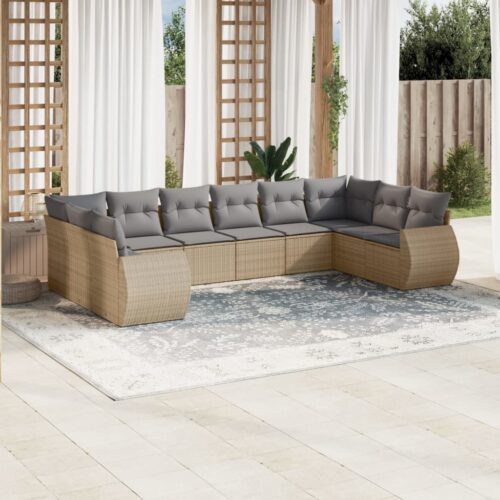 10-Piece Garden Sofa Set with Cushions Beige Poly Rattan Wicker Outdoor Patio Furniture - Image 2