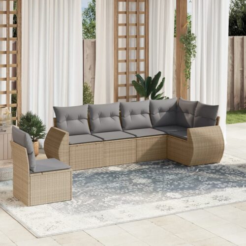 6-Piece Garden Sofa Set with Cushions Beige Poly Rattan Wicker Outdoor Patio Furniture - Image 2