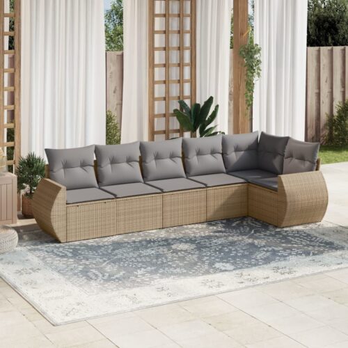 6-Piece Garden Sofa Set with Cushions Beige Poly Rattan Wicker Outdoor Patio Furniture - Image 2