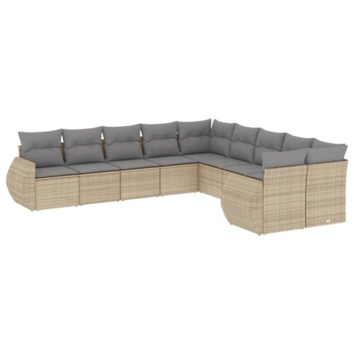 10-Piece Garden Sofa Set with Cushions Beige Poly Rattan Wicker Outdoor Patio Furniture