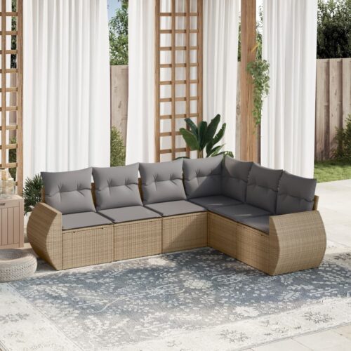 6-Piece Garden Sofa Set with Cushions Beige Poly Rattan Wicker Outdoor Patio Furniture - Image 2