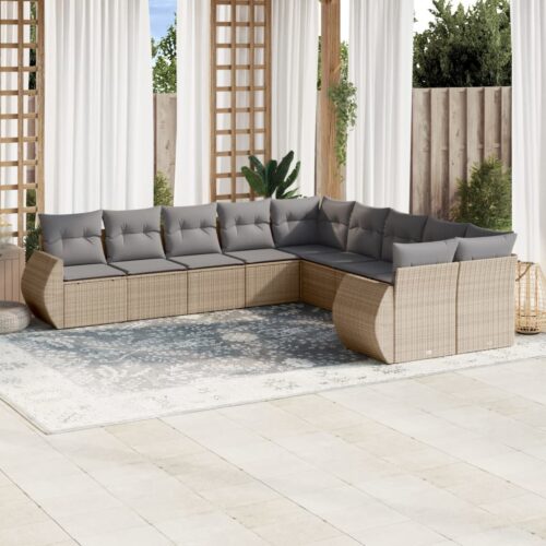 10-Piece Garden Sofa Set with Cushions Beige Poly Rattan Wicker Outdoor Patio Furniture - Image 2
