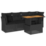5-Piece Garden Sofa Set with Cushions Black Poly Rattan Wicker Outdoor Patio Furniture