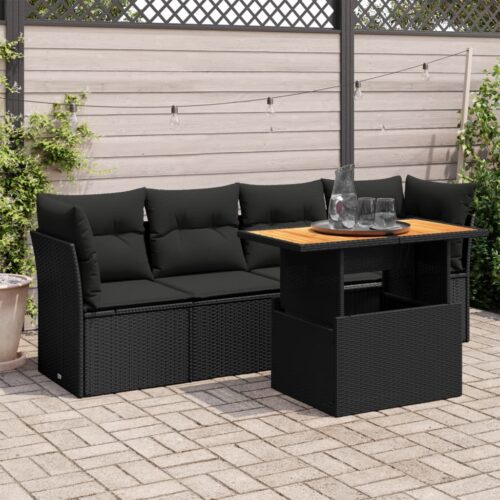 5-Piece Garden Sofa Set with Cushions Black Poly Rattan Wicker Outdoor Patio Furniture - Image 2