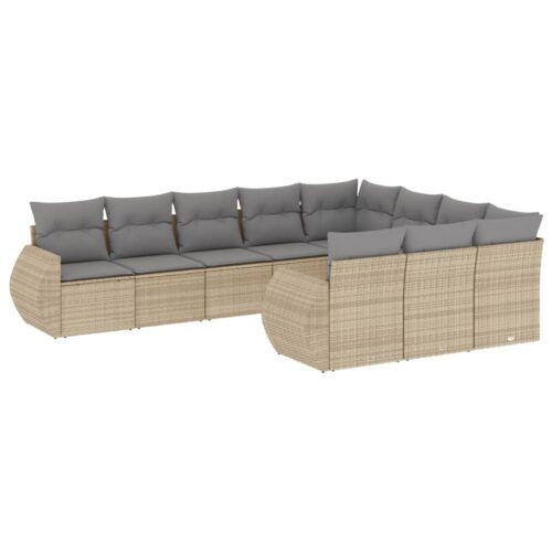 10-Piece Garden Sofa Set with Cushions Beige Poly Rattan Wicker Outdoor Patio Furniture