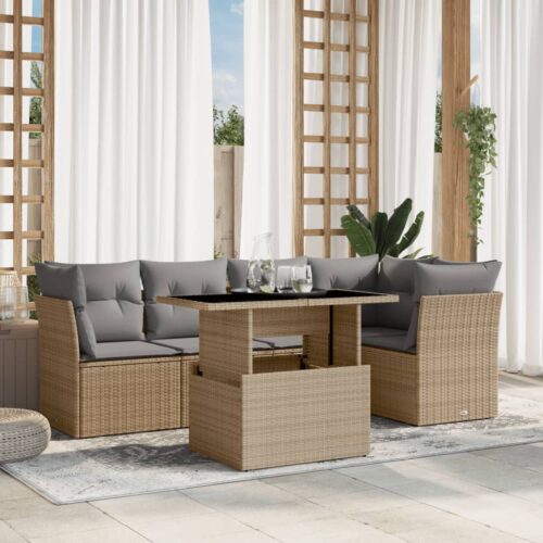 6-Piece Garden Sofa Set with Cushions Beige Poly Rattan Wicker Outdoor Patio Furniture - Image 2