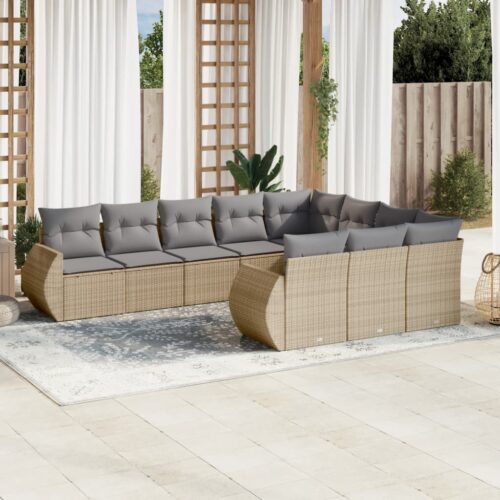 10-Piece Garden Sofa Set with Cushions Beige Poly Rattan Wicker Outdoor Patio Furniture - Image 2