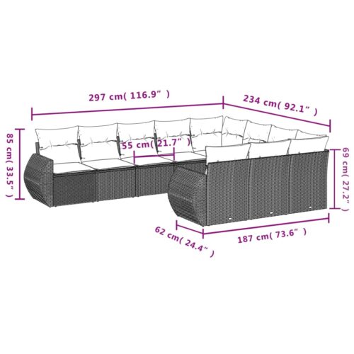 10-Piece Garden Sofa Set with Cushions Beige Poly Rattan Wicker Outdoor Patio Furniture - Image 3