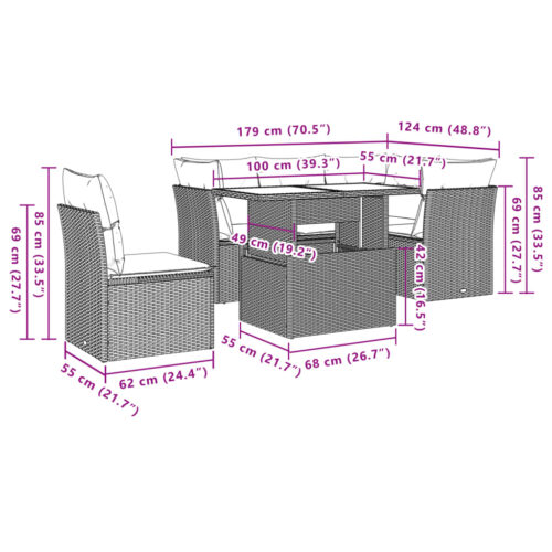 6-Piece Garden Sofa Set with Cushions Beige Poly Rattan Wicker Outdoor Patio Furniture - Image 9